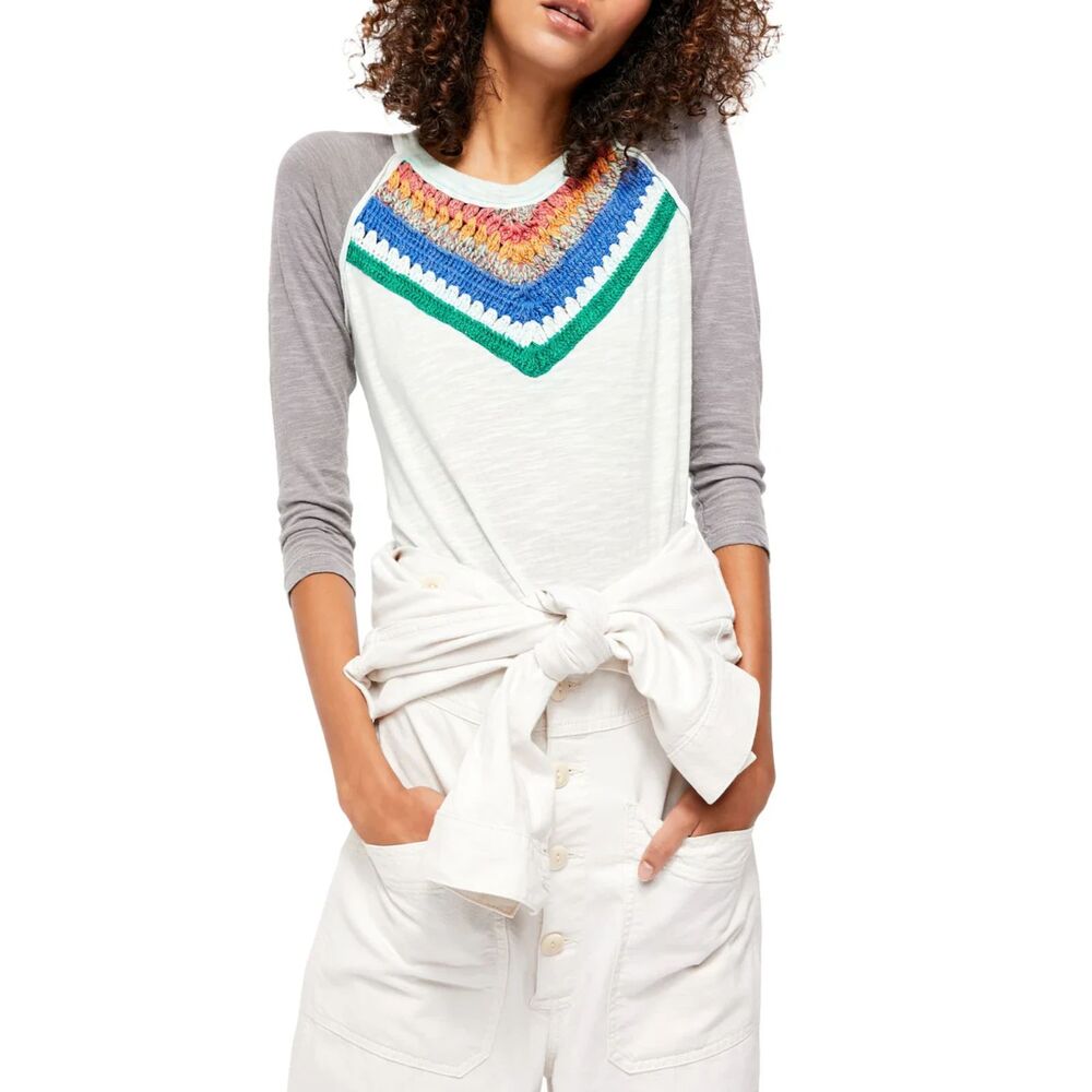 Free People Crochet Knit Top Women's S Cream Gray 3/4 Sleeve Grandmacore Boho
